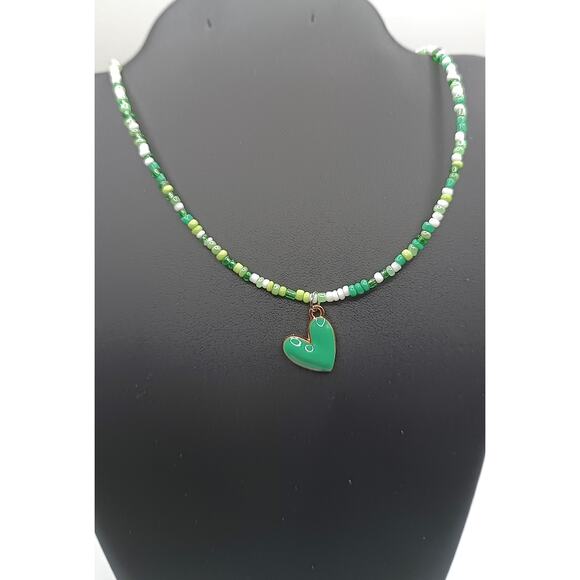 Green Glass Seed Bead Necklace with Heart Pendant, Stainless Steel, 16–19" - Picture 1 of 3